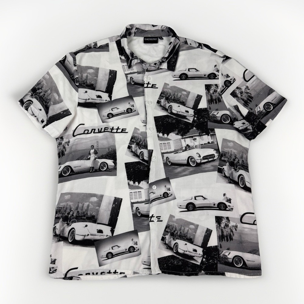 Corvette Graphic Button Up Shirt Chemistry Mens XL Black White Vintage Car Print